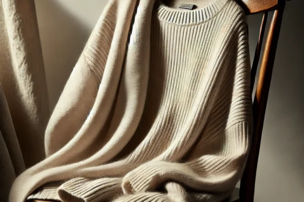 A cozy beige sweater styled with a minimalist aesthetic, inspired by Tea Leoni's wardrobe.